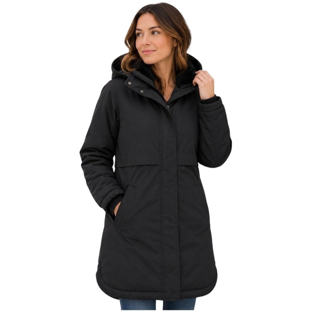 Falls Creek Womens Black Winter Parka Coat Sz Small Faux Fur Lined Hooded Jacket